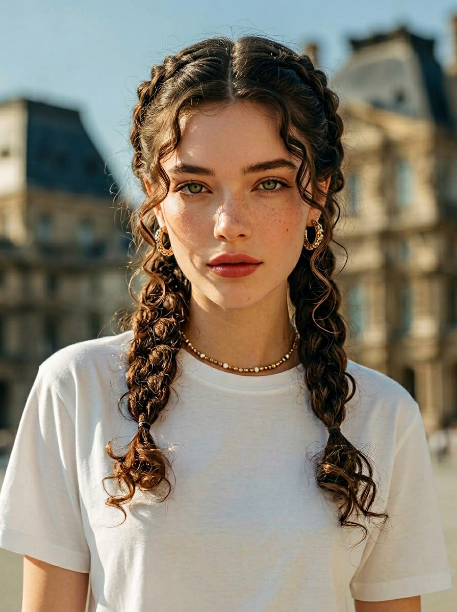 AI try-on: curly French braid on a female portrait