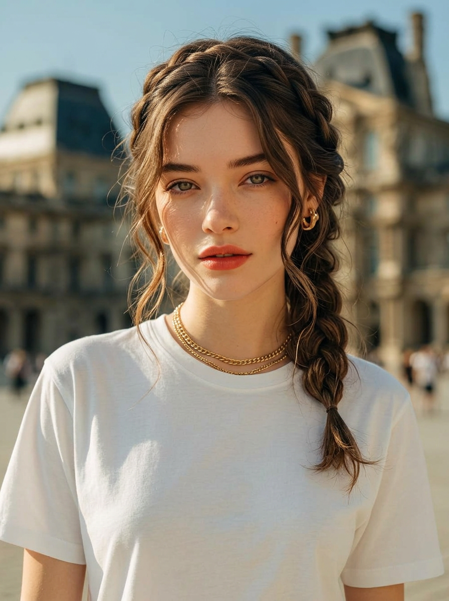 AI try-on: wavy French braid on a female portrait AI try-on: wavy French braid on a female portrait