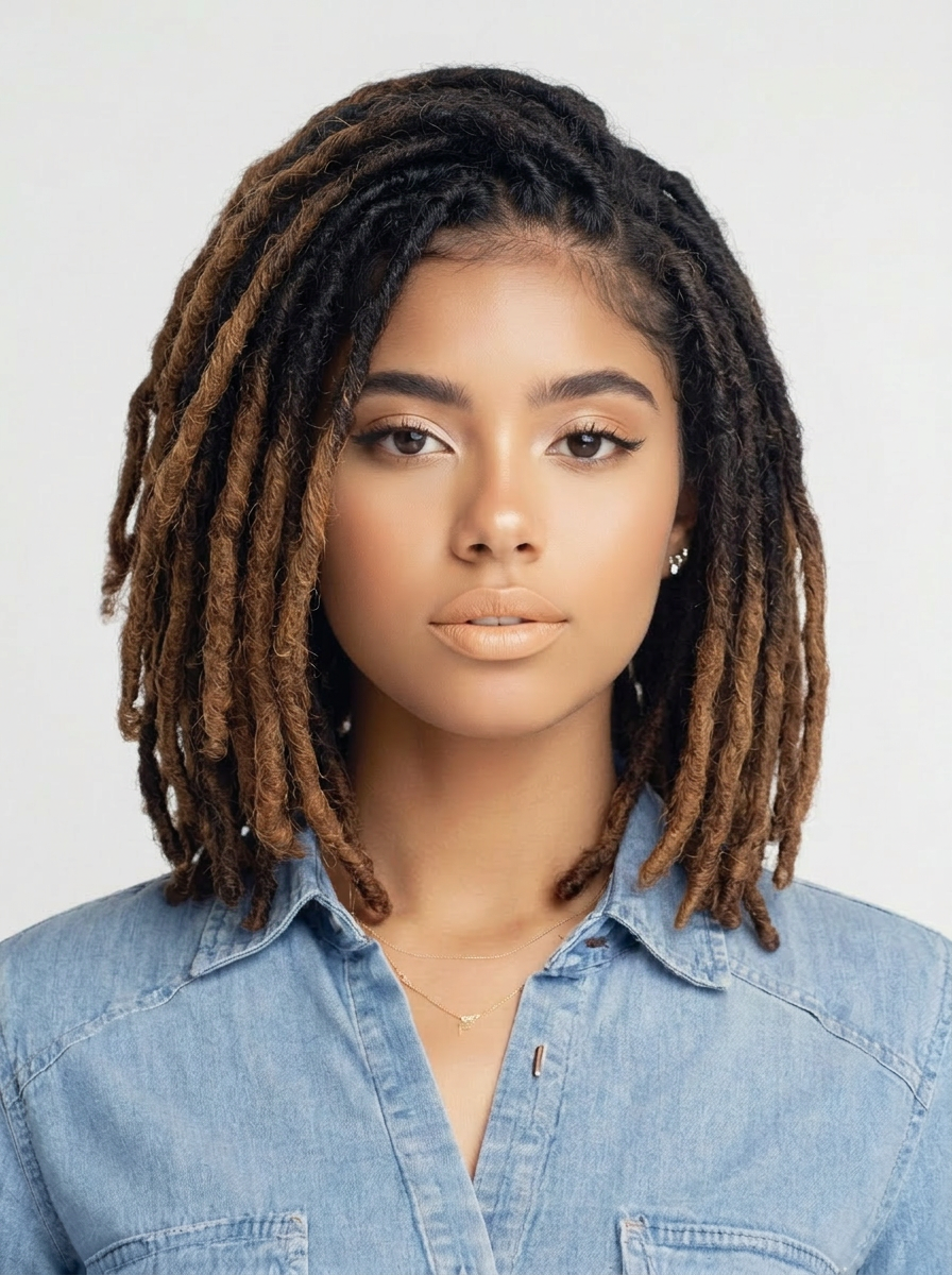AI try-on: bob-length dreadlocks on a female portrait