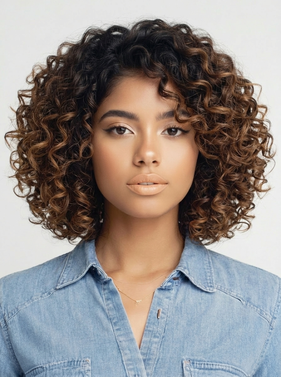 AI try-on: curly bob on a female portrait AI try-on: curly bob on a female portrait