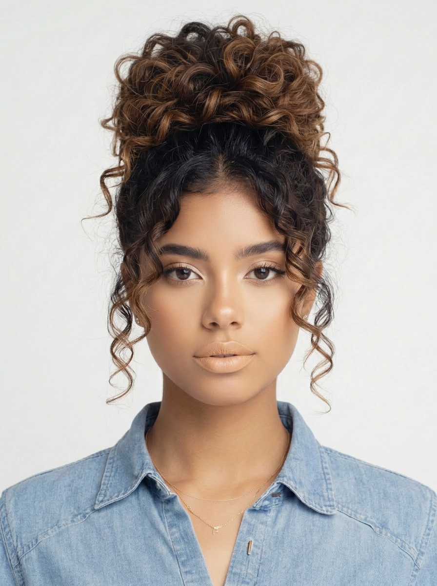 AI try-on: curly bun updo on a female portrait AI try-on: curly bun updo on a female portrait