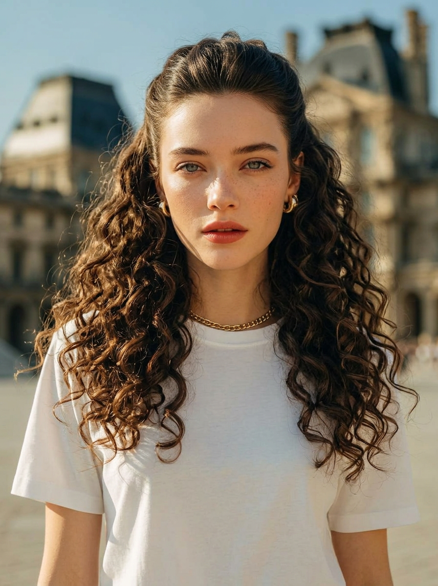 AI try-on: curly half-up style on a female portrait AI try-on: curly half-up style on a female portrait