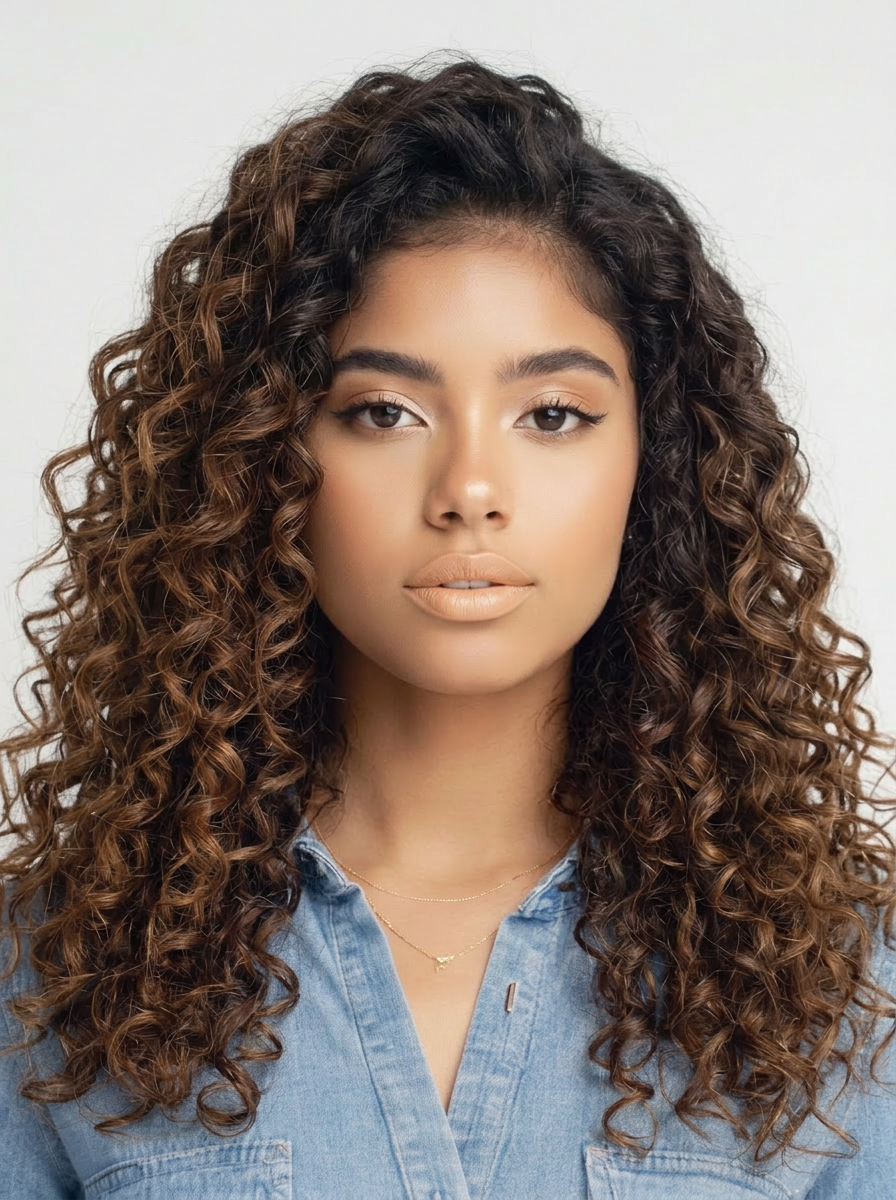 AI try-on: curly long hair on a female portrait AI try-on: curly long hair on a female portrait