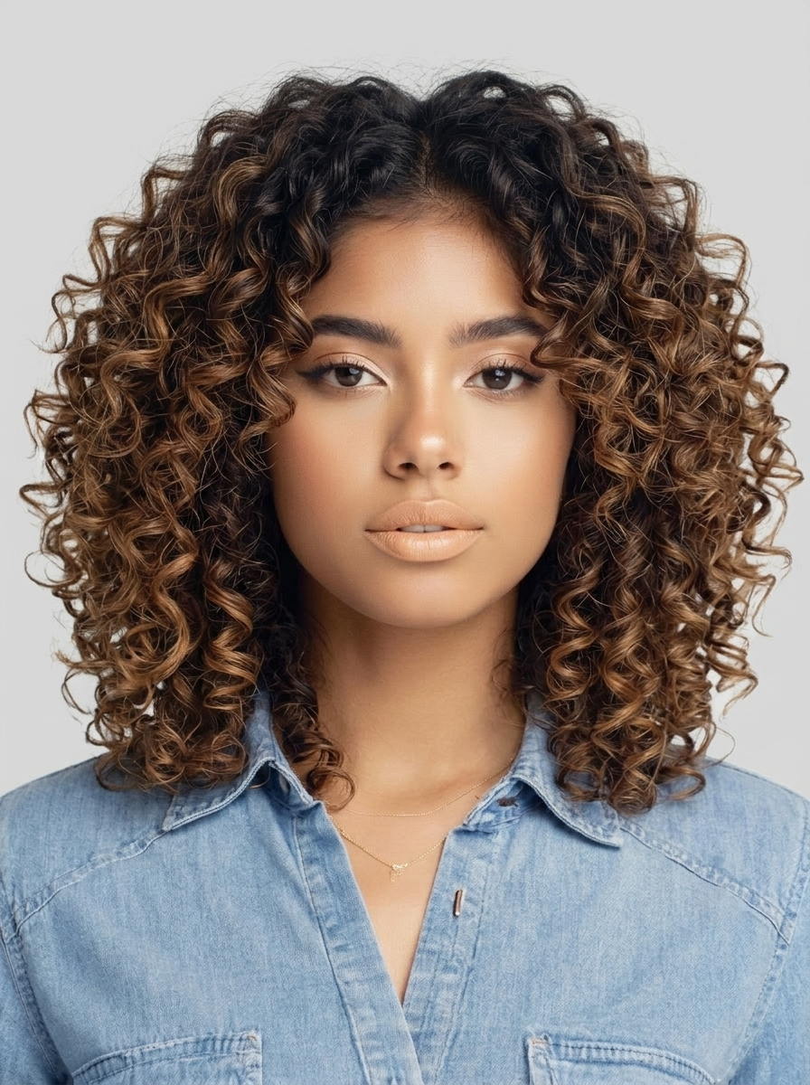 AI try-on: curly medium hair on a female portrait