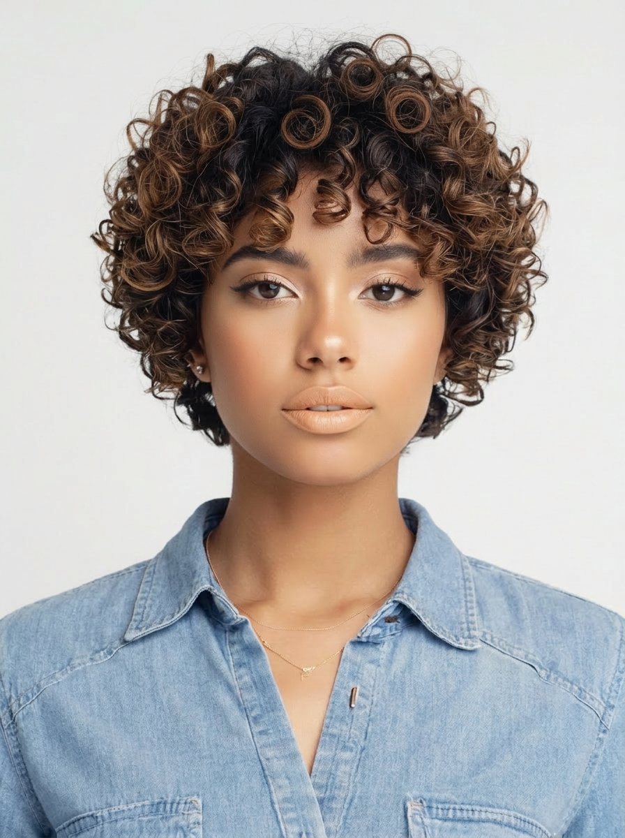 AI try-on: curly pixie cut on a female portrait AI try-on: curly pixie cut on a female portrait