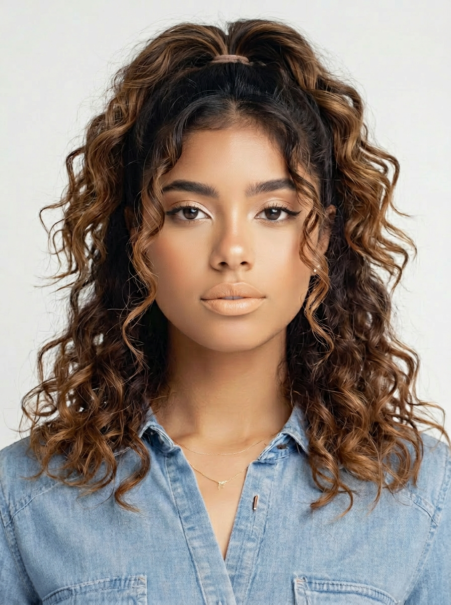 AI try-on: curly ponytail on a female portrait