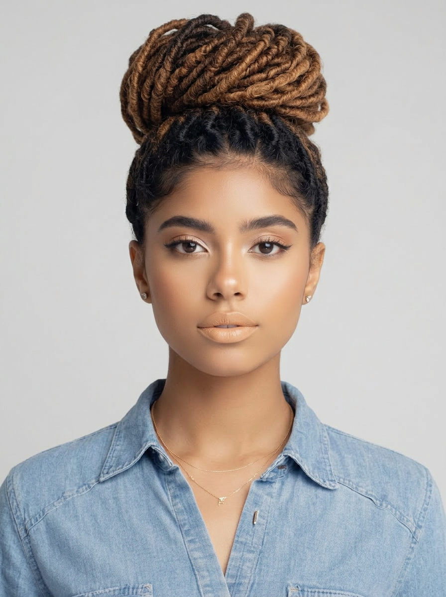 AI try-on: dreadlocks bun updo on a female portrait AI try-on: dreadlocks bun updo on a female portrait