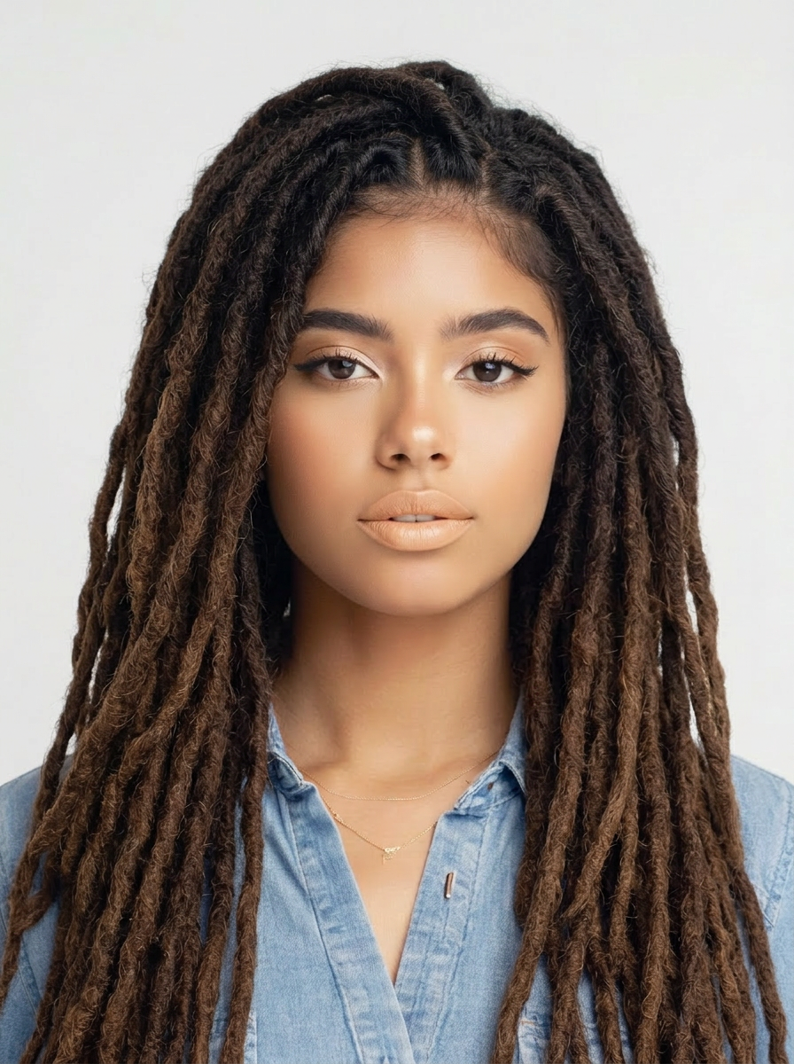 AI try-on: long dreadlocks on a female portrait AI try-on: long dreadlocks on a female portrait