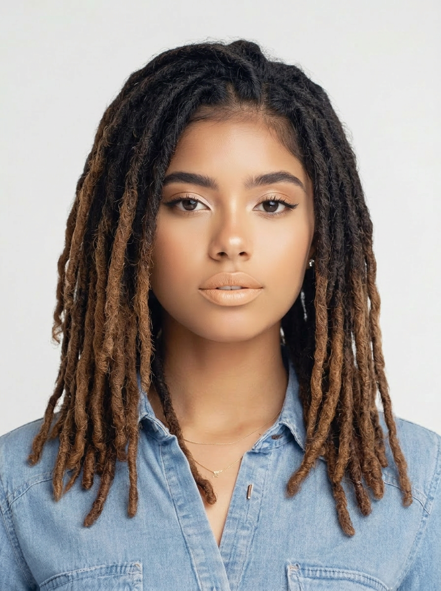 AI try-on: medium dreadlocks on a female portrait AI try-on: medium dreadlocks on a female portrait