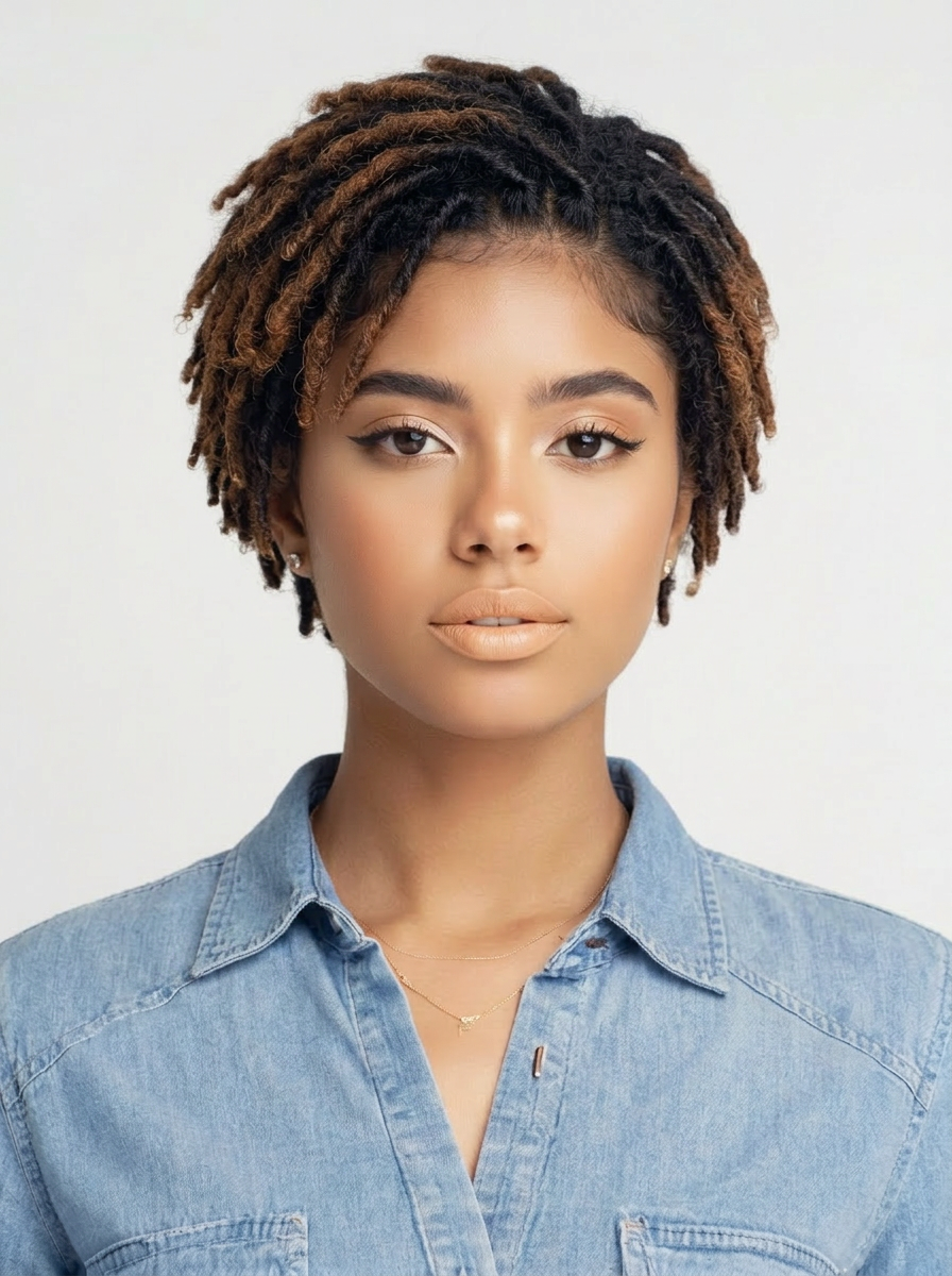 AI try-on: pixie dreadlocks on a female portrait AI try-on: pixie dreadlocks on a female portrait