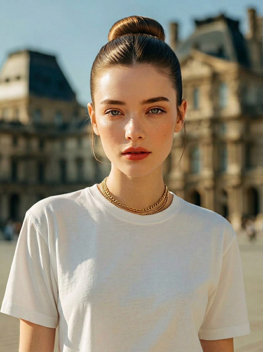 AI try-on: straight bun updo on a female portrait AI try-on: straight bun updo on a female portrait