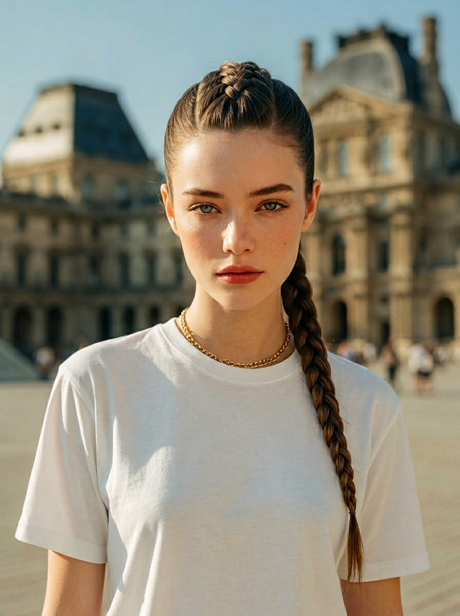 AI try-on: straight French braid on a female portrait AI try-on: straight French braid on a female portrait