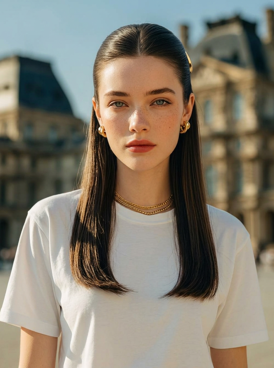 AI try-on: straight half-up style on a female portrait AI try-on: straight half-up style on a female portrait