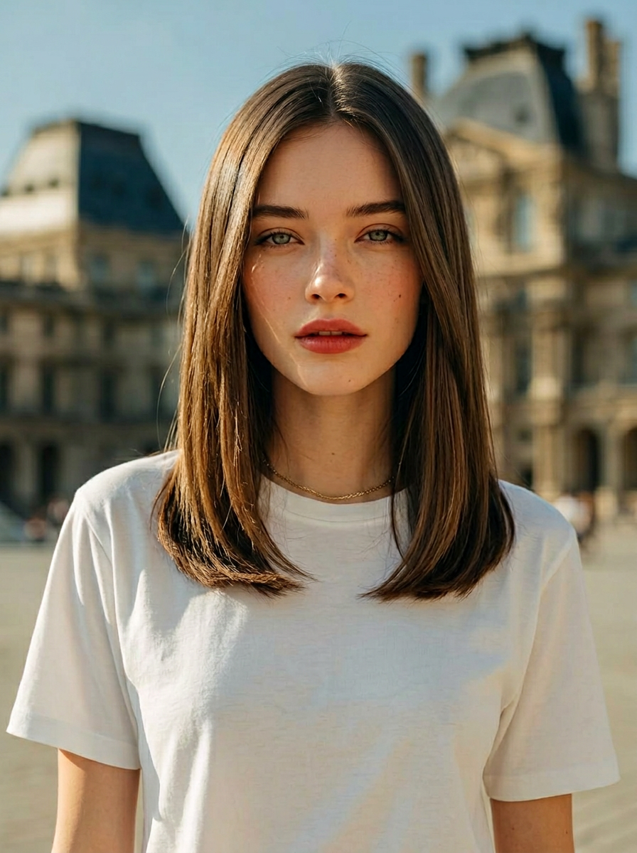 AI try-on: straight medium hair on a female portrait AI try-on: straight medium hair on a female portrait