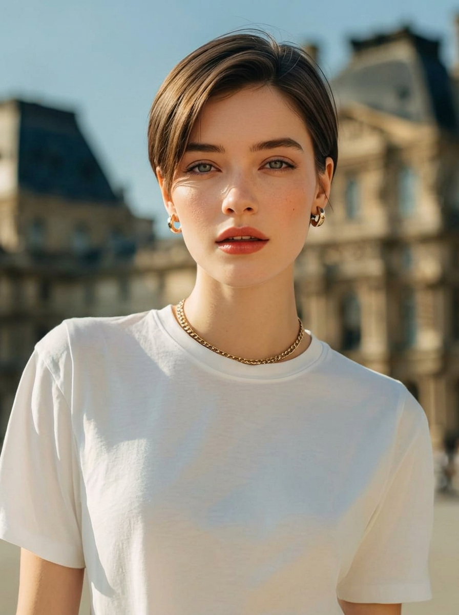 AI try-on: straight pixie cut on a female portrait AI try-on: straight pixie cut on a female portrait