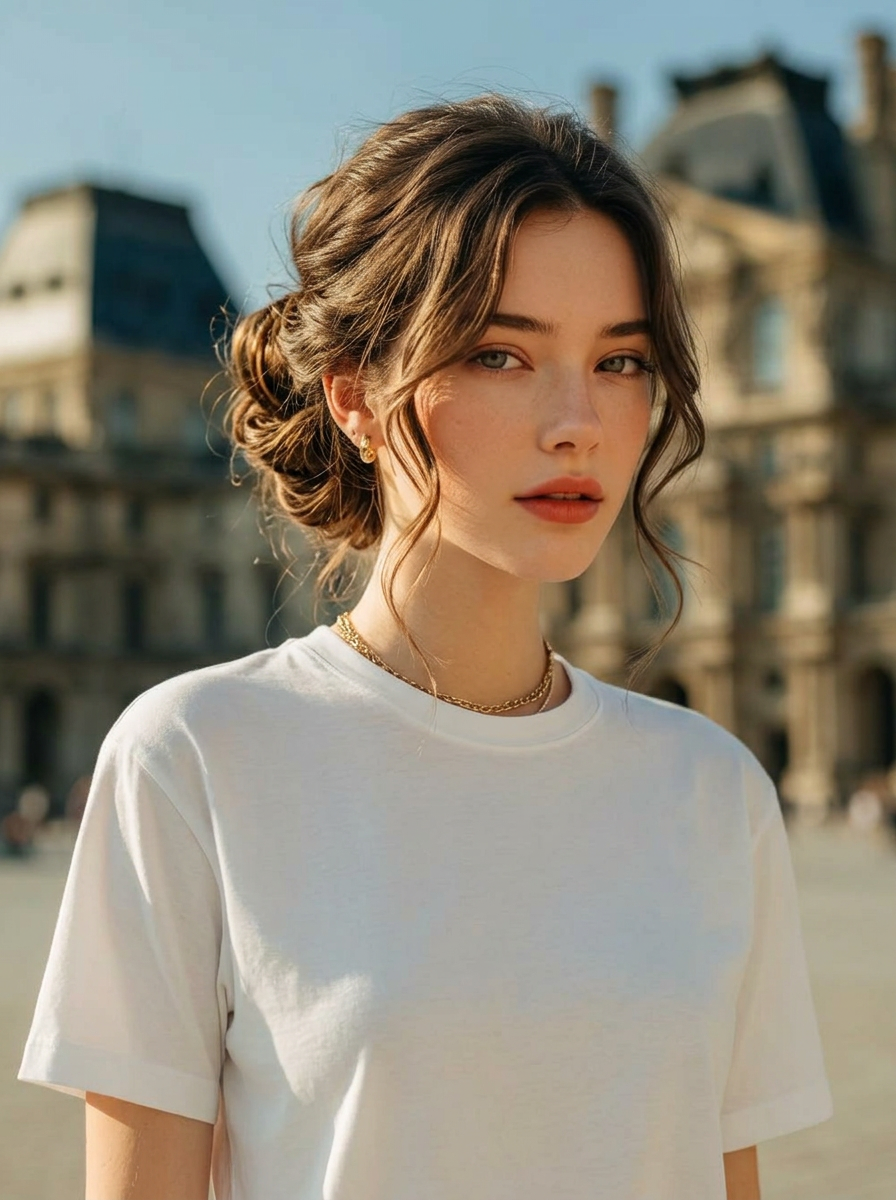 AI try-on: wavy bun updo on a female portrait AI try-on: wavy bun updo on a female portrait