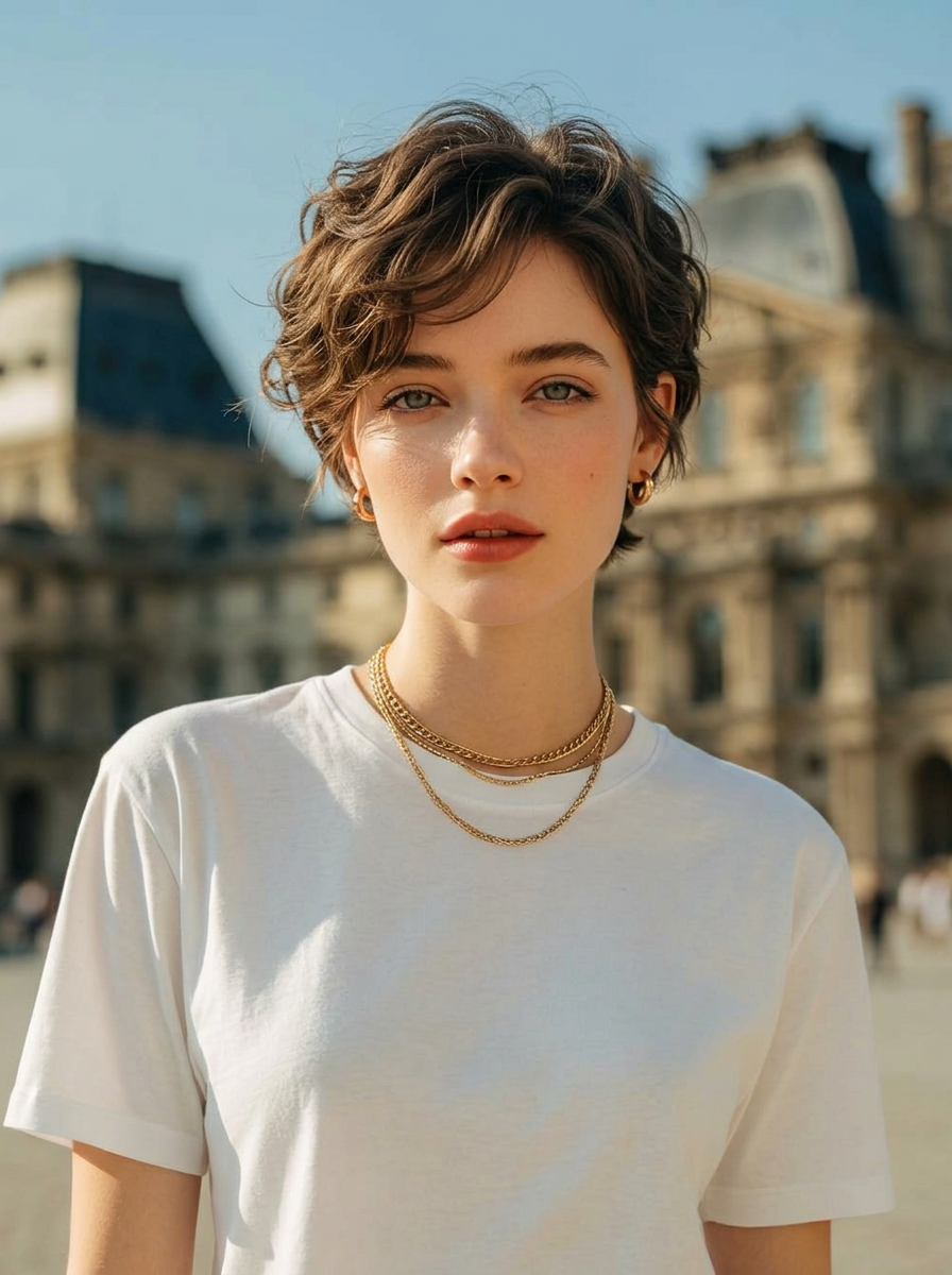 AI try-on: wavy pixie cut on a female portrait AI try-on: wavy pixie cut on a female portrait