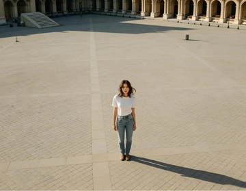 A bird's-eye view of a person in a courtyard, surrounded by pillars, steps, and a building, generated from one photo.