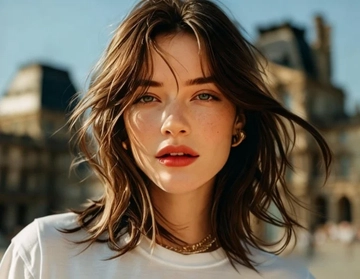 A close-up of a woman with long brown hair in a white t-shirt, in front of buildings and a clear blue sky. Generated from one photo.