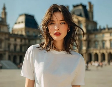 A woman in a white t-shirt, facing the camera, stands in front of a building, surrounded by a group of people, with a clear blue sky.