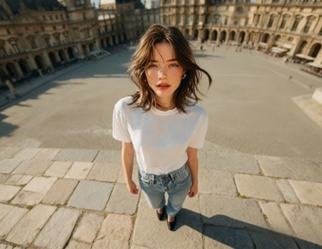 A high-angle view of a person in a white t-shirt and jeans walking down a cobblestone street, with buildings and other people in the background.
