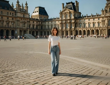 A long shot of a woman standing in front of a large building with windows, pillars, and a staircase, surrounded by a group of people, on a cloudy day.