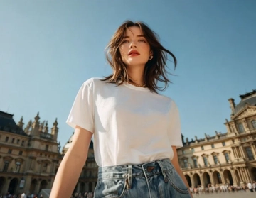 A woman in a white t-shirt and denim shorts stands in front of a building, with people walking around, captured from a low angle.