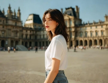 A person in a white t-shirt and jeans stands in front of a large building, with a side camera angle. The sky is visible in the background, and there are a few people in the foreground.