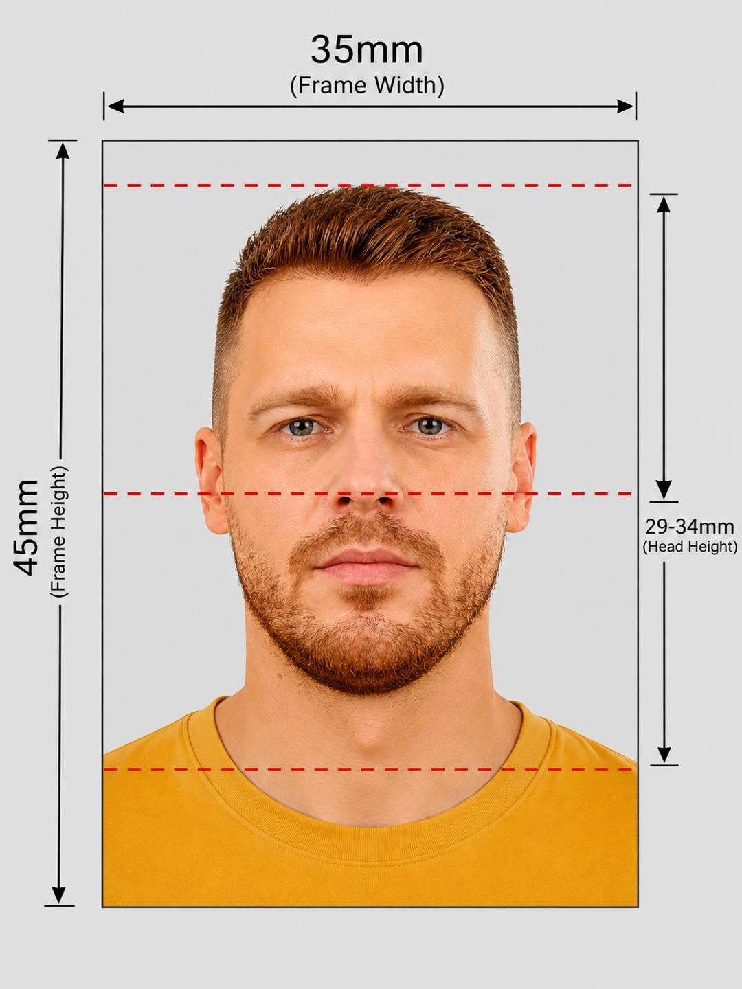 UK passport photo dimensions — 35×45 mm, head height 29–34 mm chin to crown, light-grey background UK passport photo dimensions — 35×45 mm, head height 29–34 mm chin to crown, light-grey background