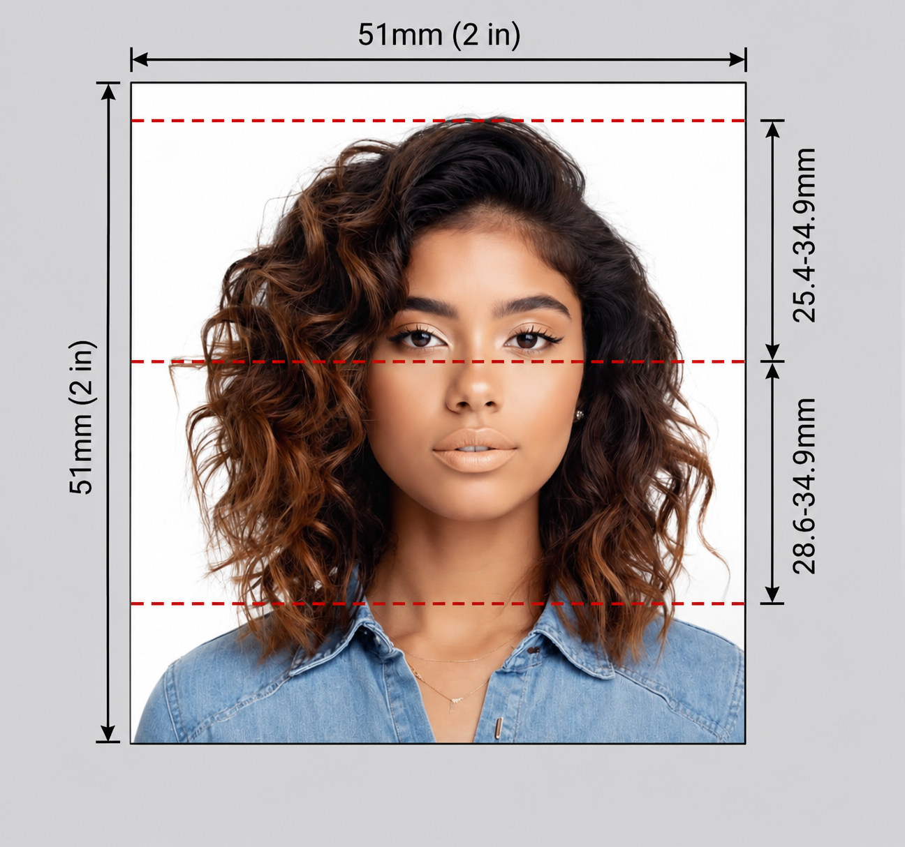 US passport photo dimensions — 2×2 in (51×51 mm), head 25.4–34.9 mm chin to crown, plain white background US passport photo dimensions — 2×2 in (51×51 mm), head 25.4–34.9 mm chin to crown, plain white background