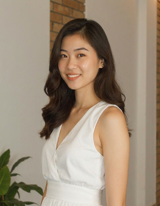 A woman in a white dress stands before a brick wall, with a plant to her left and a light illuminating the scene. Rendered from a three-quarter left (45°) camera angle by AI.