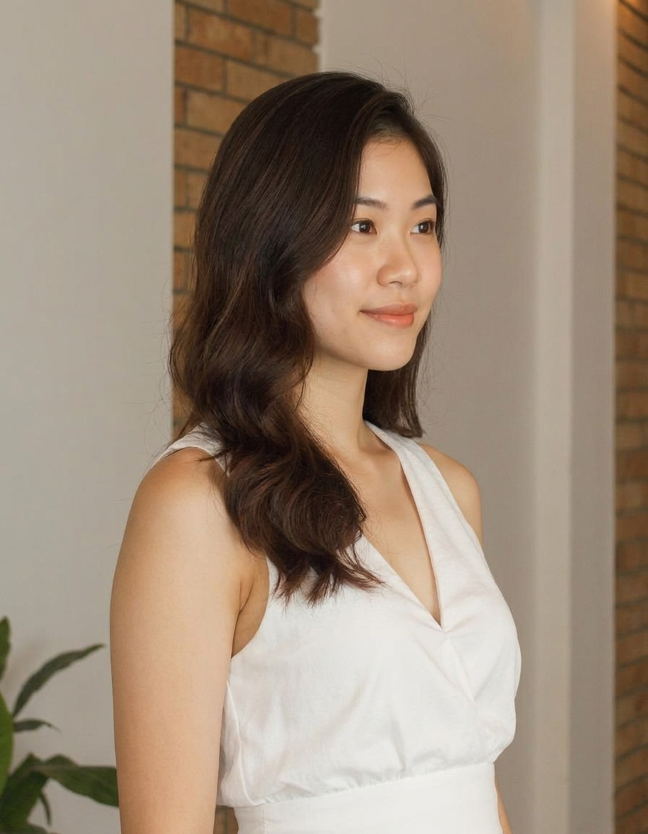 A woman in a white dress stands before a brick wall with a plant to her left, re-rendered from a three-quarter right angle by AI.