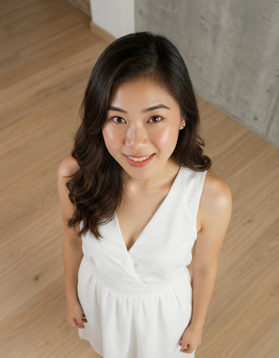 A woman in a white dress standing on a wooden floor, viewed from a bird's-eye aerial perspective, re-rendered by AI. A woman in a white dress standing on a wooden floor, viewed from a bird's-eye aerial perspective, re-rendered by AI.