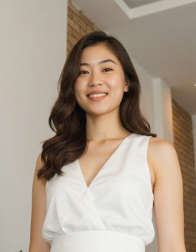 A person in a white dress stands before a brick wall, with a plant to the left and a ceiling above, smiling, rendered from a low worm's-eye camera angle by AI. A person in a white dress stands before a brick wall, with a plant to the left and a ceiling above, smiling, rendered from a low worm's-eye camera angle by AI.