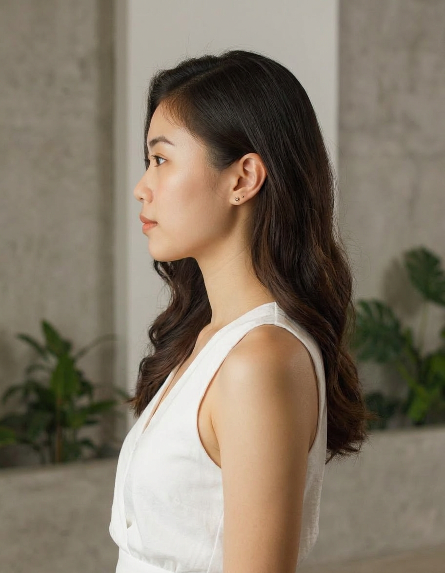 A woman in a white dress standing in front of a wall with plants, re-rendered from a left-side profile by AI.