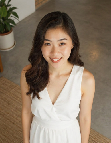 A woman in a white dress is standing in front of a potted plant, viewed from a top-down overhead camera angle. A woman in a white dress is standing in front of a potted plant, viewed from a top-down overhead camera angle.