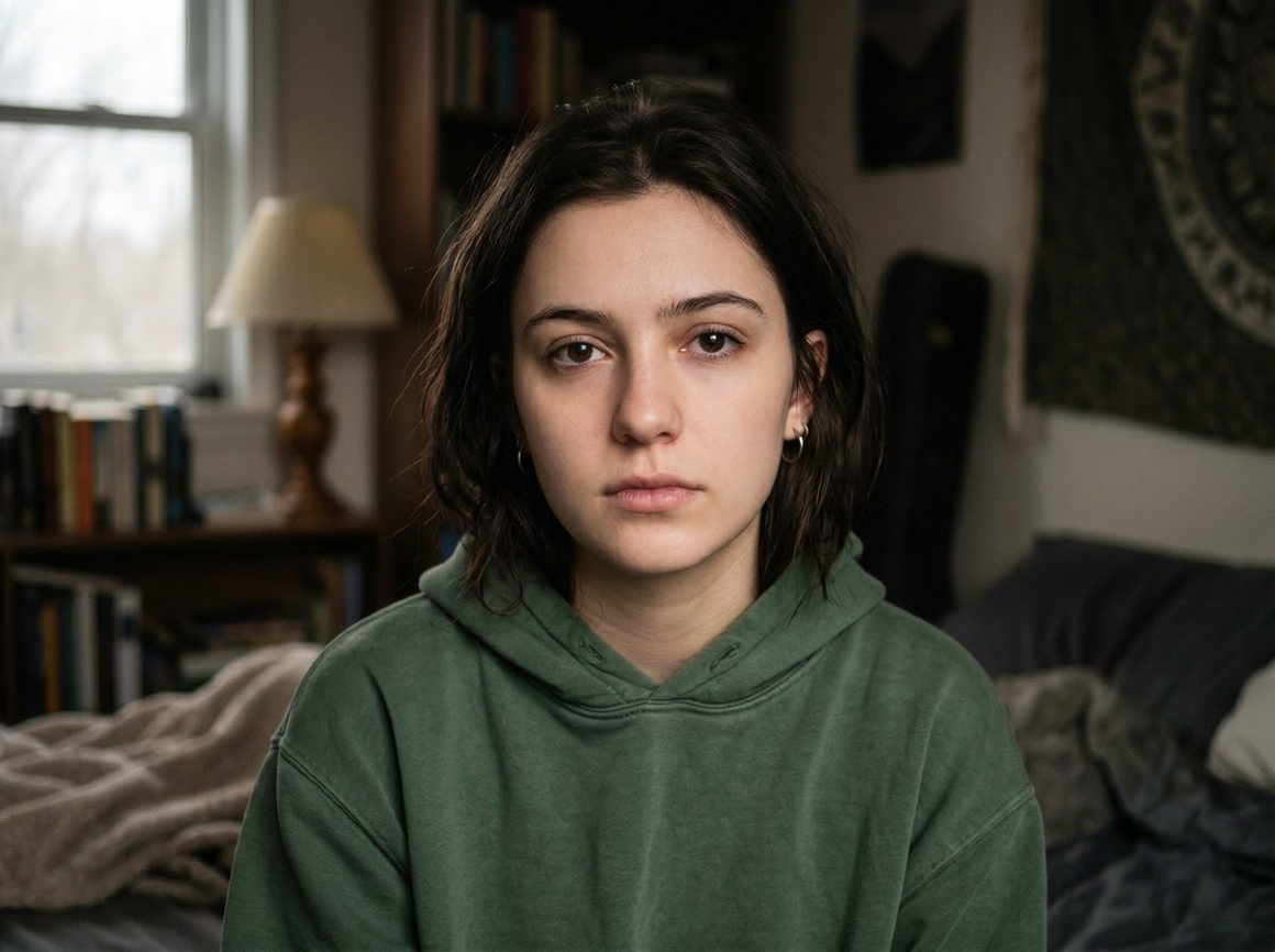 Portrait of a woman in a green hoodie after AI eye and detail enhancement, with sharper eyes and lashes Portrait of a woman in a green hoodie after AI eye and detail enhancement, with sharper eyes and lashes