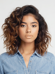 A woman in a denim shirt with a wavy bob, a sample portrait to try in the AI makeup studio.