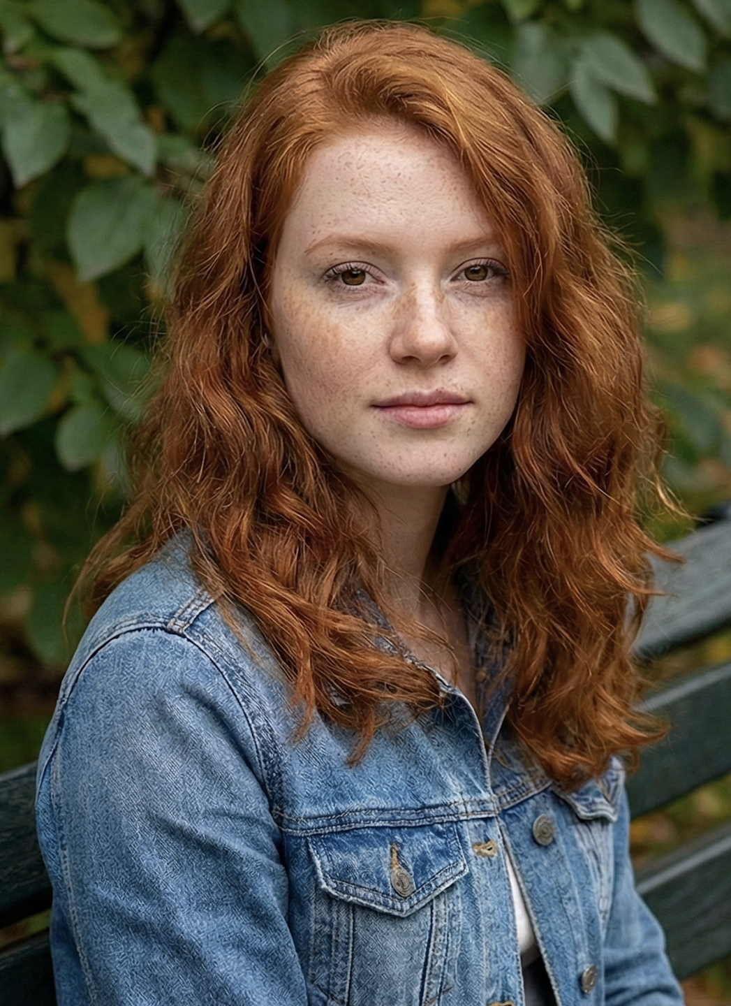 Woman with red hair sitting on a bench in front of a backdrop of lush green leaves — after AI upscaling