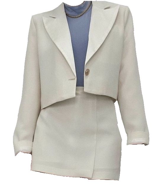 A flat-lay of a cream blazer and high-waisted skirt set with a blue shirt, used for AI virtual try-on. A flat-lay of a cream blazer and high-waisted skirt set with a blue shirt, used for AI virtual try-on.