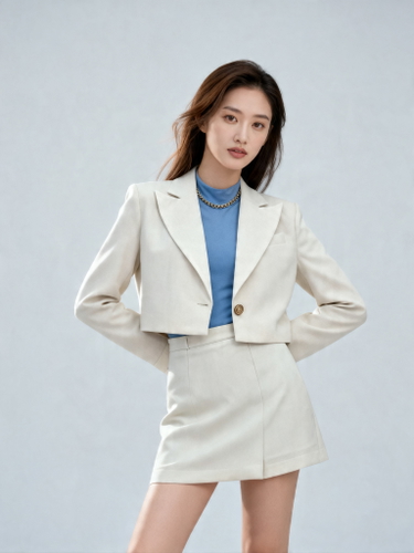 A woman in a white blazer and skirt, wearing a blue top, after AI virtual try-on. A woman in a white blazer and skirt, wearing a blue top, after AI virtual try-on.