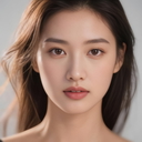 A woman with long brown hair in a bun, wearing a black top, looks directly at the viewer. The photo is uploaded before an AI virtual try-on.
