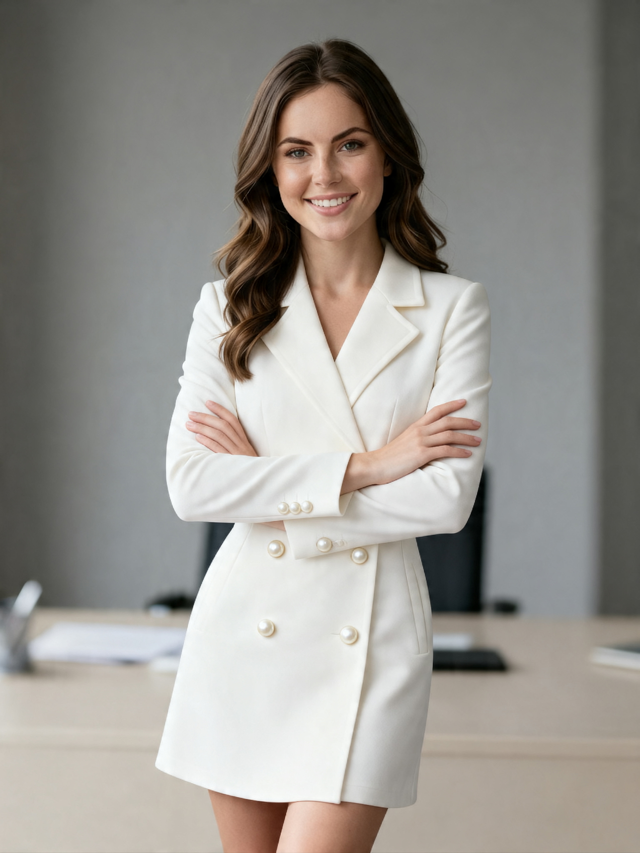A woman confidently stands in a white dress, arms crossed, in an office setting, showcasing a realistic AI virtual try-on result.
