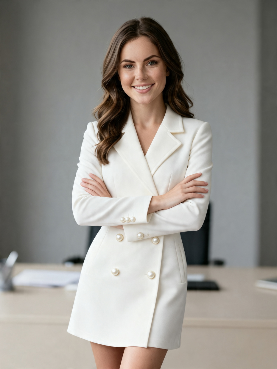 A woman confidently stands in a white dress, arms crossed, in an office setting, showcasing a realistic AI virtual try-on result. A woman confidently stands in a white dress, arms crossed, in an office setting, showcasing a realistic AI virtual try-on result.