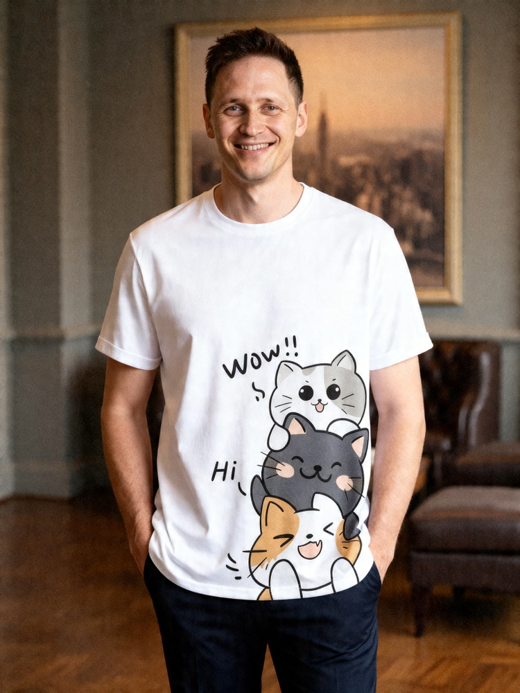 A man smiling, wearing a white t-shirt with a three-cats graphic print, after AI virtual try-on.