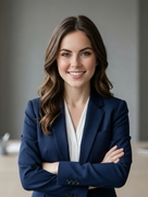 A woman in a navy blue business suit with a white shirt, smiling confidently, arms crossed, before AI virtual try-on. A woman in a navy blue business suit with a white shirt, smiling confidently, arms crossed, before AI virtual try-on.
