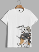 White t-shirt with three cats design, hanging on a hanger, grey background, AI virtual try-on input.