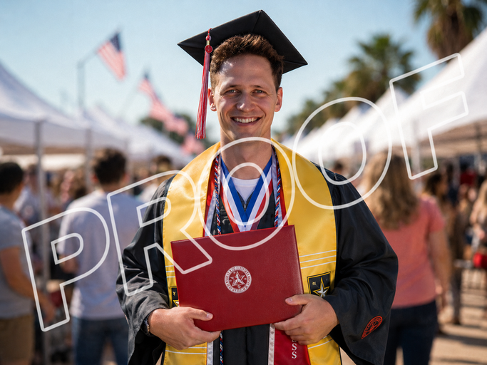 A graduate in cap and gown holding a diploma among a crowd with tents and flags under a blue sky, shown with a proof watermark. A graduate in cap and gown holding a diploma among a crowd with tents and flags under a blue sky, shown with a proof watermark.
