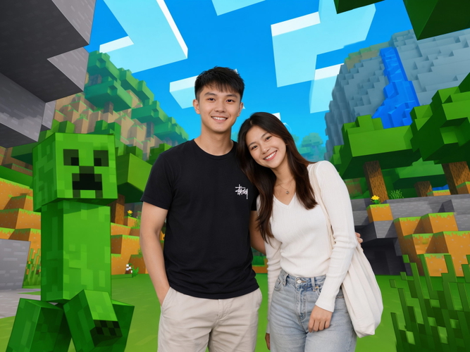 A man and woman smiling in front of a Minecraft-themed backdrop of colorful blocks, shown clean after watermark removal. A man and woman smiling in front of a Minecraft-themed backdrop of colorful blocks, shown clean after watermark removal.