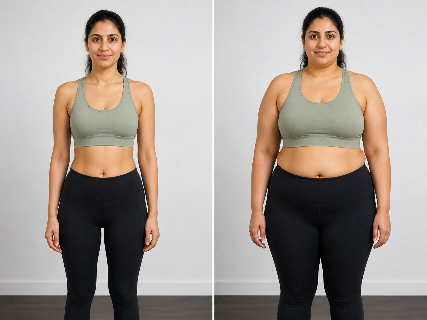 AI weight loss photo — before and after of a woman in a green sports bra, body slimmed and toned, not a 2D pinch. AI weight loss photo — before and after of a woman in a green sports bra, body slimmed and toned, not a 2D pinch.
